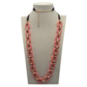 Coral Pink Link Necklace with Brown Suede Detail